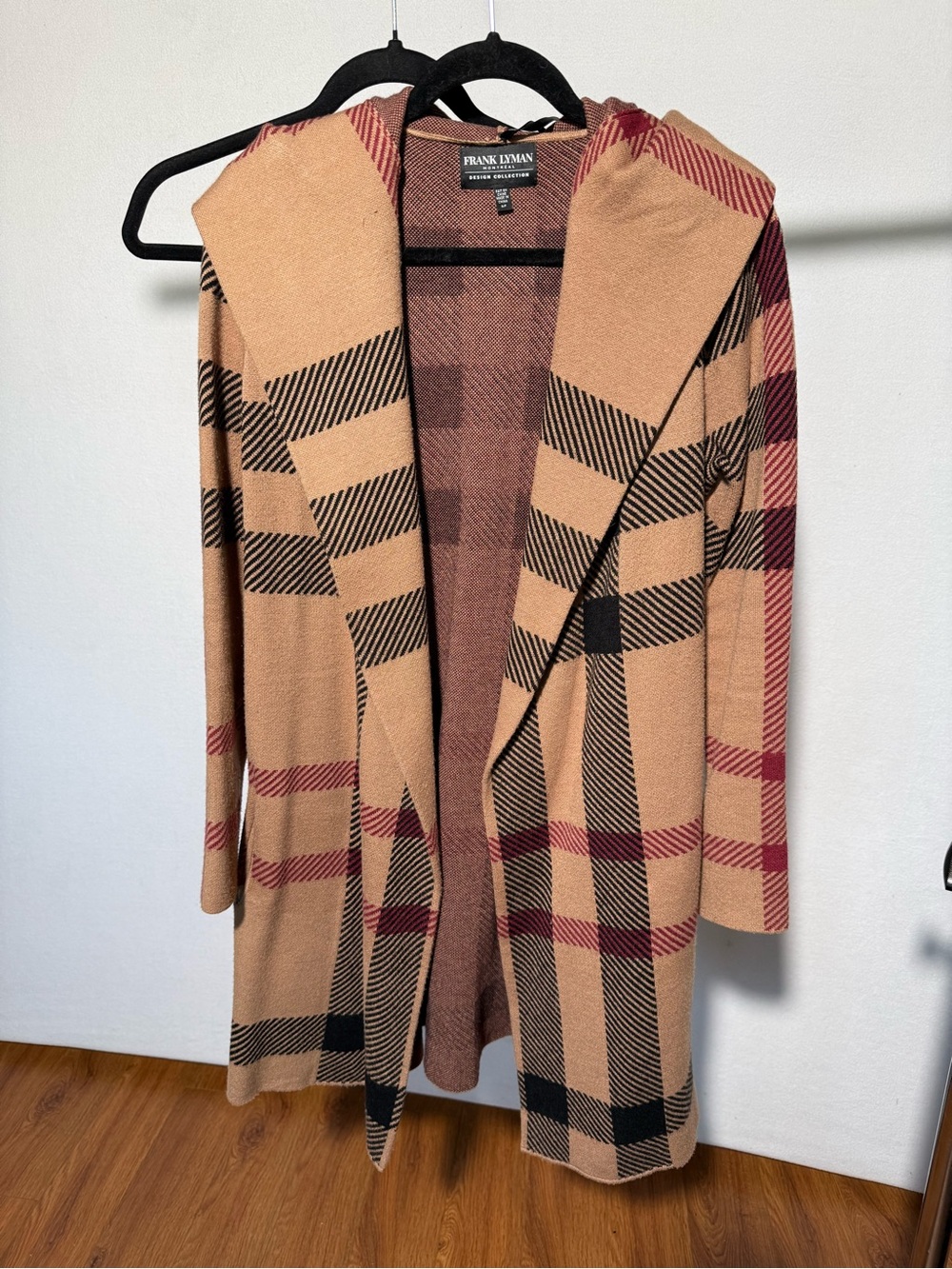 Frank Lyman Design Tan Plaid Hooded Long Cardigan with Black & Burgundy Accents
